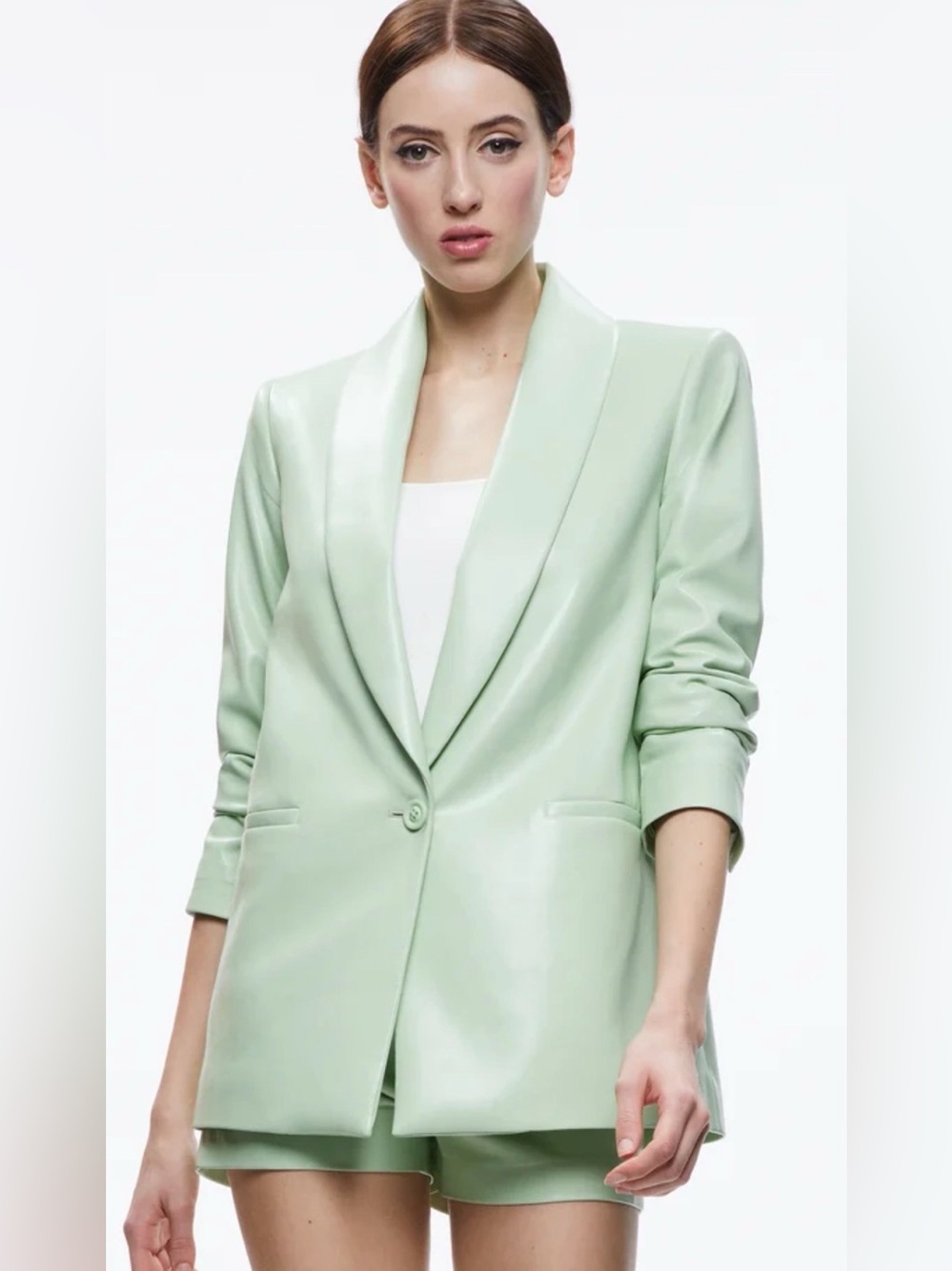 Alice + Olivia Denny Vegan Leather Blazer Pistachio Green * Size M - Picture 9 of 11